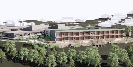 En bygning omgitt av trær