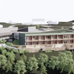 En bygning omgitt av trær