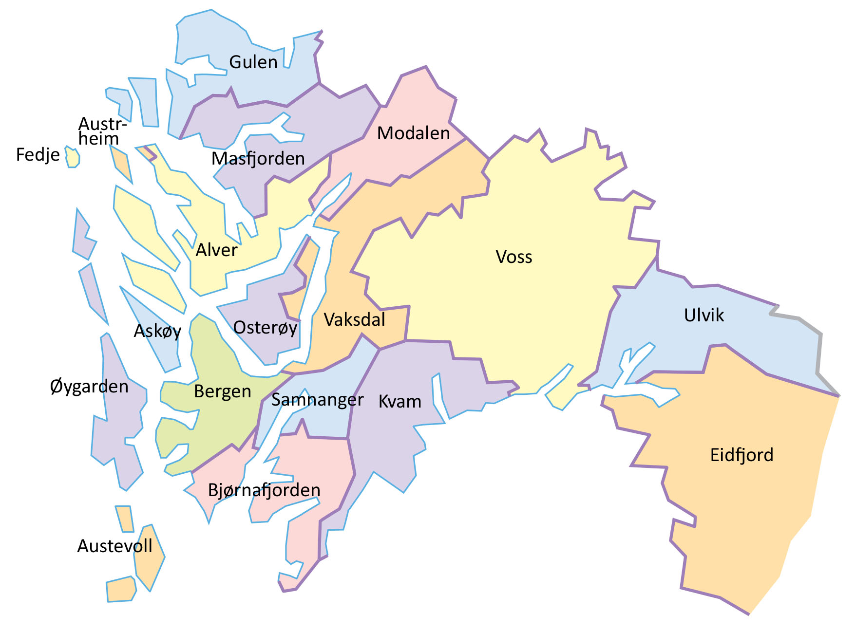 Kart over samarbeidskommunene i Helse Bergen fra Gulen i nord til Austevoll i sør.
