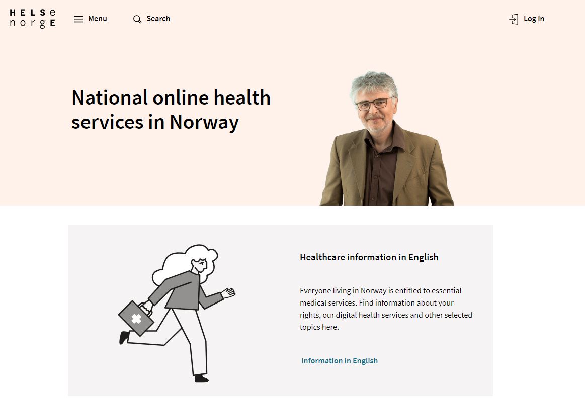 User interface of the website helsenorge.no - national online health services in Norway, English frontpage.