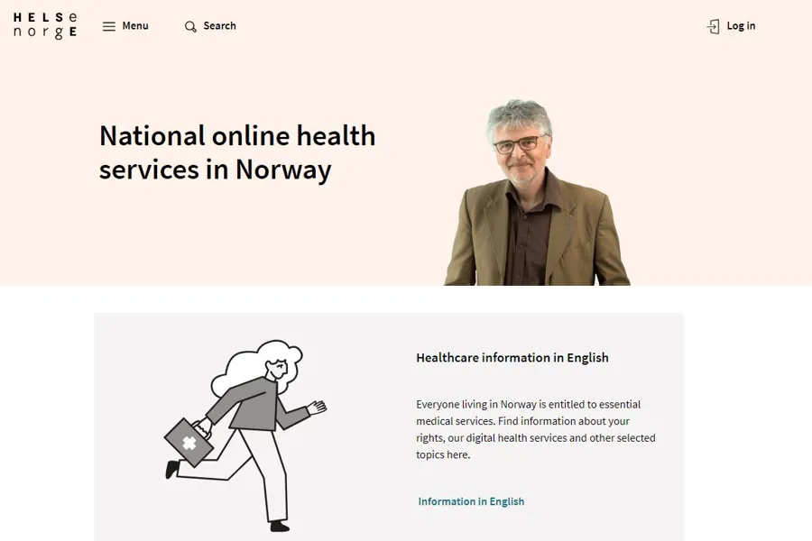 User interface of the website helsenorge.no - national online health services in Norway, English frontpage.