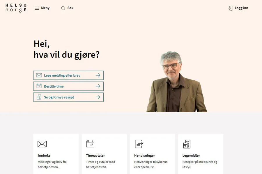 Skjermbilde av forsiden til helsenorge.no med informasjon om tjenester og log in.