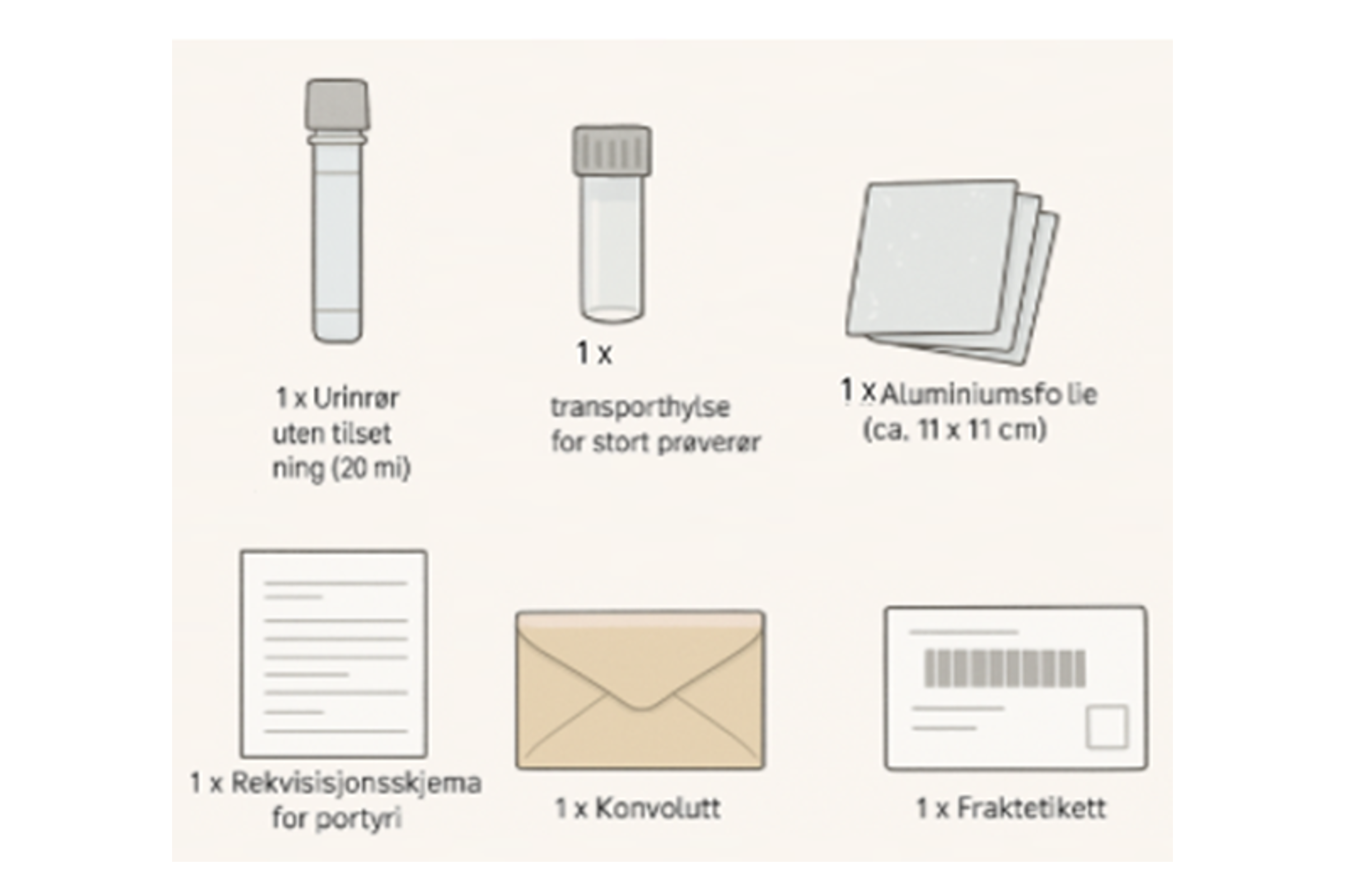 Illustrasjon av urinrør, aluminiumsfolie og konvolutter