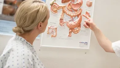 En person som ser på illustrasjon av tarm