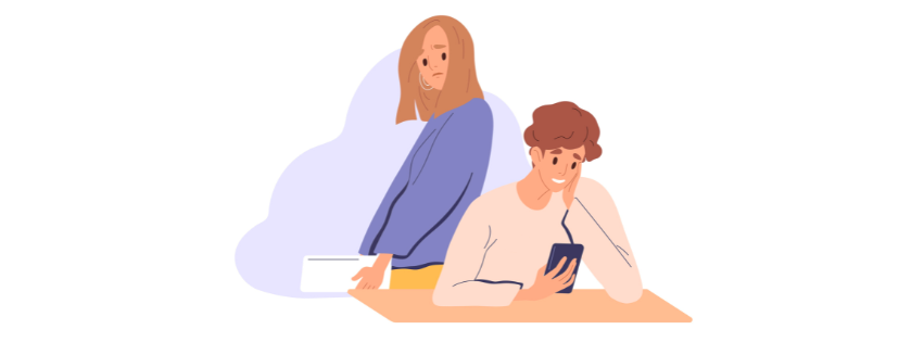 Illustrasjon av to mennesker hvor en av dem ser på en mobiltelefon