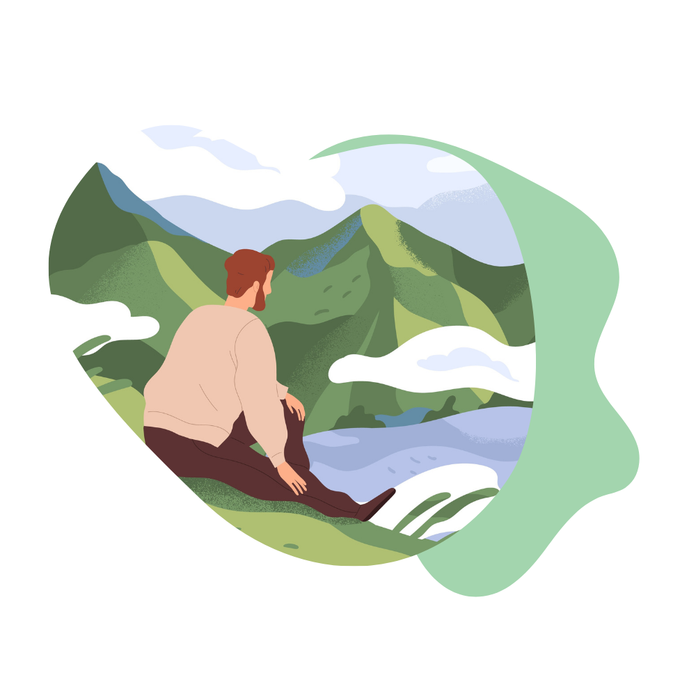 Illustrasjon av person som ser ut over et landskap