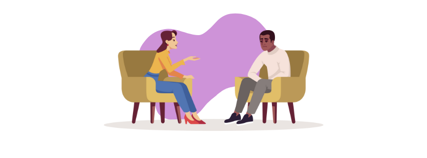 En mann og en kvinne som sitter mot hverandre